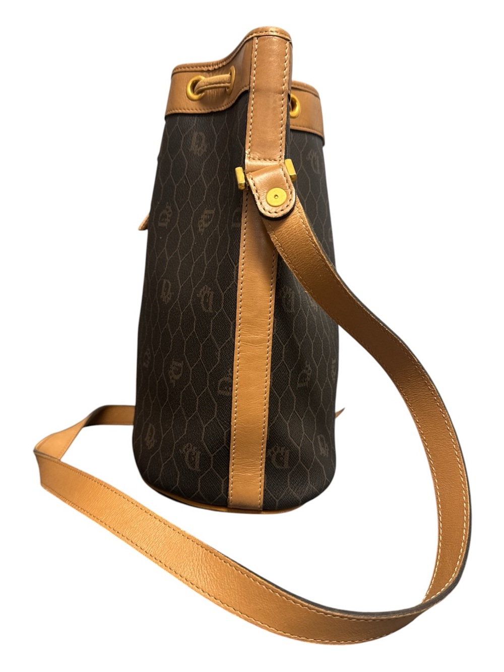 DIOR Honeycomb Monogram PVC Bucket Shoulder Crossbody Bag Brown Tan w/ Pouch - Picture 7 of 17